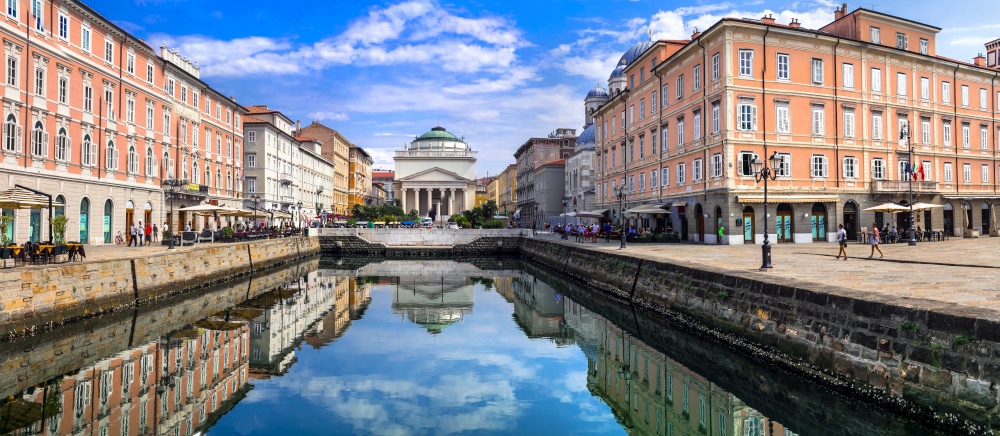 Beautiful Trieste city. view of Canale Grance and  Church of St. Antonio Thaumaturgo. Northern Italy. Landmarks and beautiful places of Italy - Trieste city