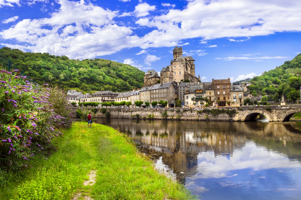 Travel and tourism in France. Estaing - one of the most beautiful villages. Aveyron department, Lot river. Estaing is considered as one of the most picturesque villages in France