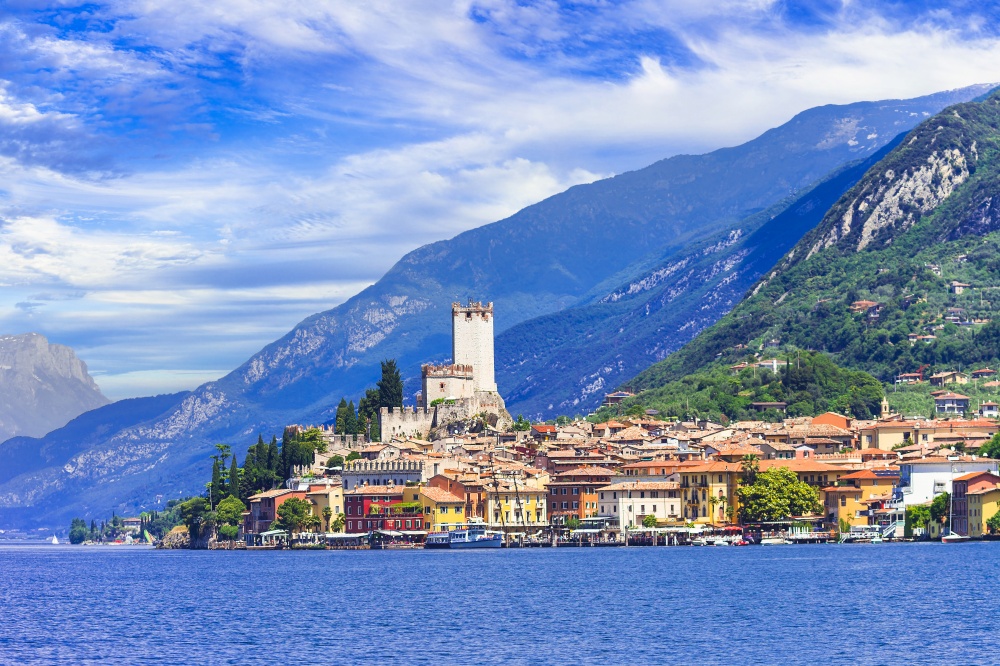 Lake Garda (Lago di Garda) is one of the most popular and beautiful lakes of Italy. View of Malcesine village.. wonderful lake Lago di Garda in Lombardy, northern Italy