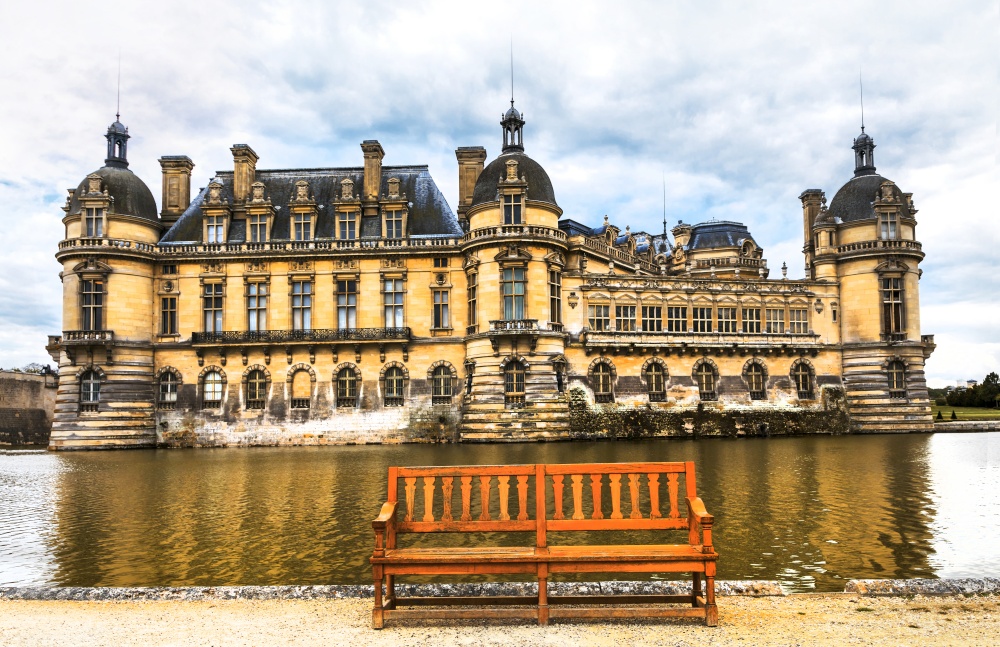 Beautiful  Castles and historic monuments of France - royal Chateau de Chantilly. elegand royal palace Chantilly. monuments and landmarks of France
