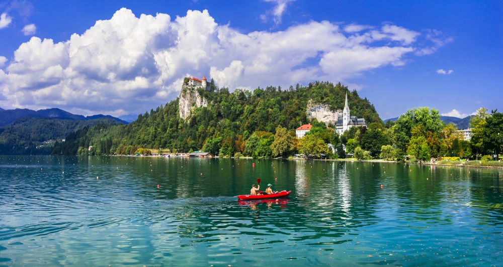 Beautiful romantic lake Bled in Slovenia. view with castle over the rock. Popular tourist destination
