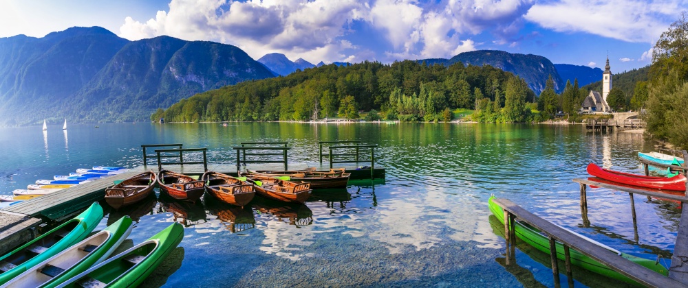 Idyllic nature scenery - beautiful magic lake Bohinj in Slovenia, Triglav national park