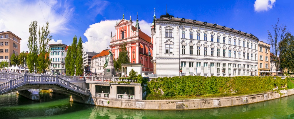 Beautiful romantic Ljubljana capital city of Slovenia with wonderful canals