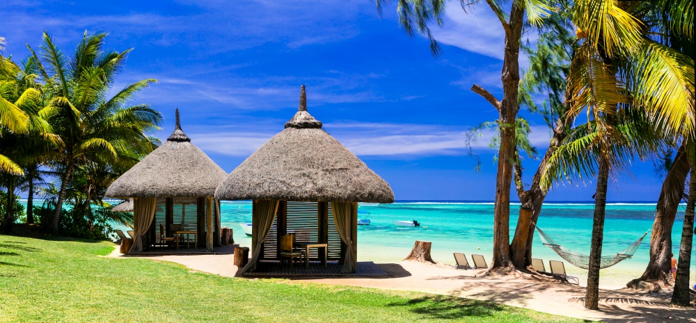 beach cabanas. Tropical holidays in exotic Mauritius island