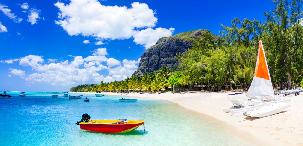 Water sport activities in beautiful tropical beach  in Mauritius island. Le Morne