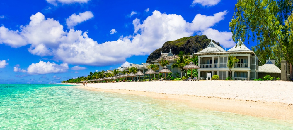 Exotic tropical holidays in Mauritius island. Le Morne beach and resorts