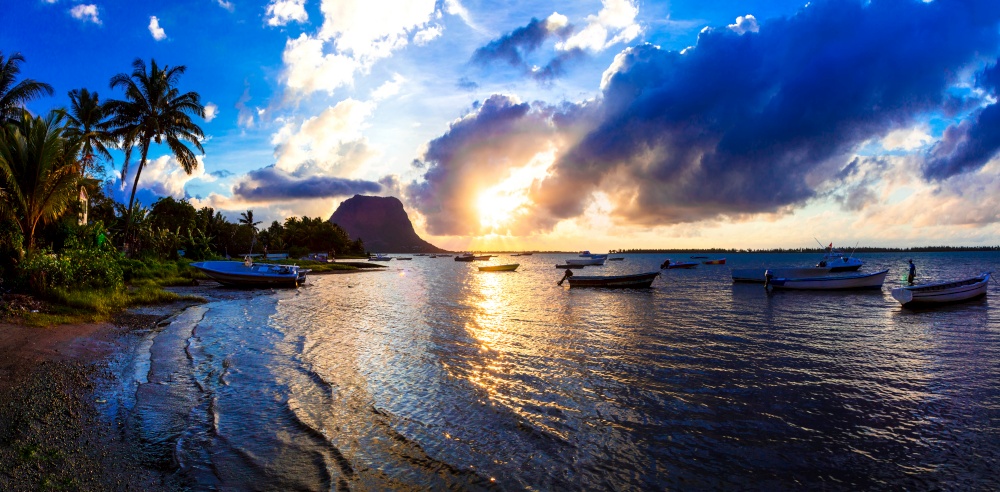 tropical sunset. Mauritius island, sea view with Le Morne rock