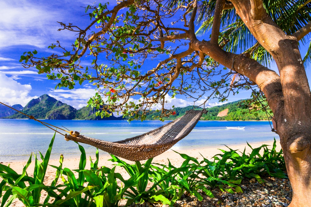 relaxing tropical scenery - hammock between palms. El Nido , Palawan. Philippines