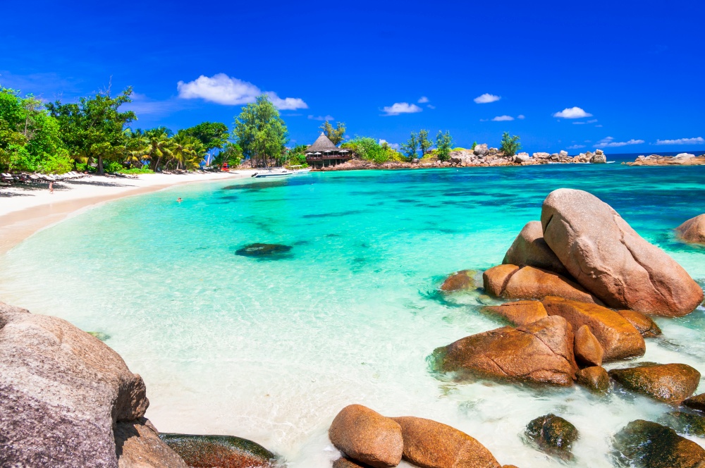 Exotic  tropical beach scenery. Seychelles , Praslin island, famous with granite rocks
