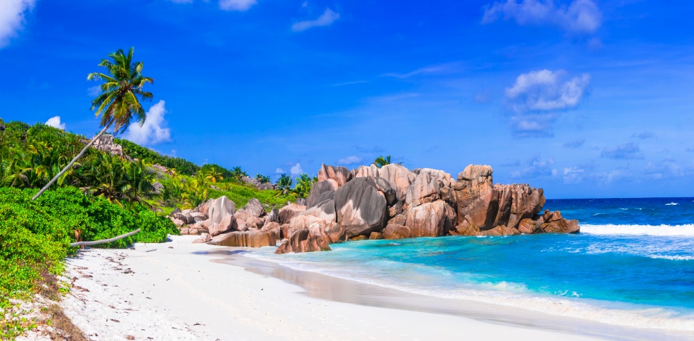 amazing tropical nature of Seychelles. La Digue island,   Anse cocos beach