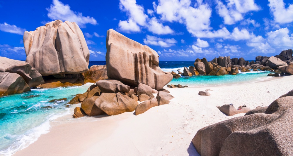 Exotic  tropical beach scenery  . Seychelles , La Digue island, famous with granite rocks