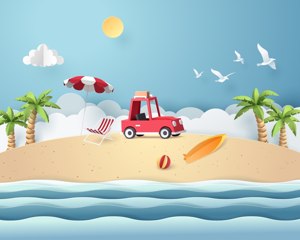 Paper art of red car park at beach, origami and travel concept, vector art and illustration.