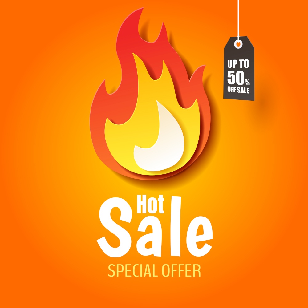 Hot sale and discount promotion, Paper art of flame icon, vector art and illustration.