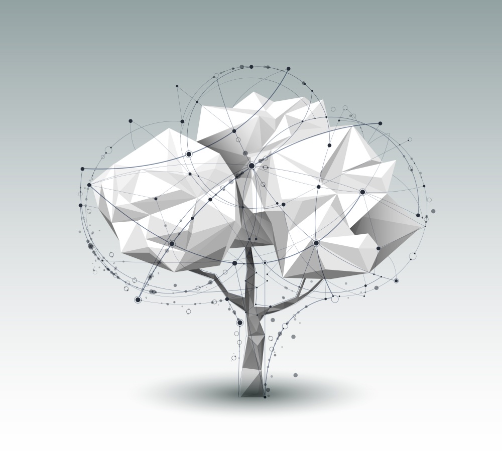 Abstract Molecules with line, node, geometric, low poly tree, polygon and triangle. Vector design network connection technology on bright gray background. Futuristic, science, network technology concept