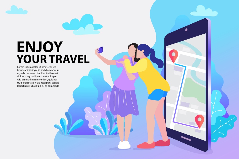 traveler woman using map application on smartphone, girl using smartphone to taking picture, modern flat design concept. Landing page template, vector EPS10.