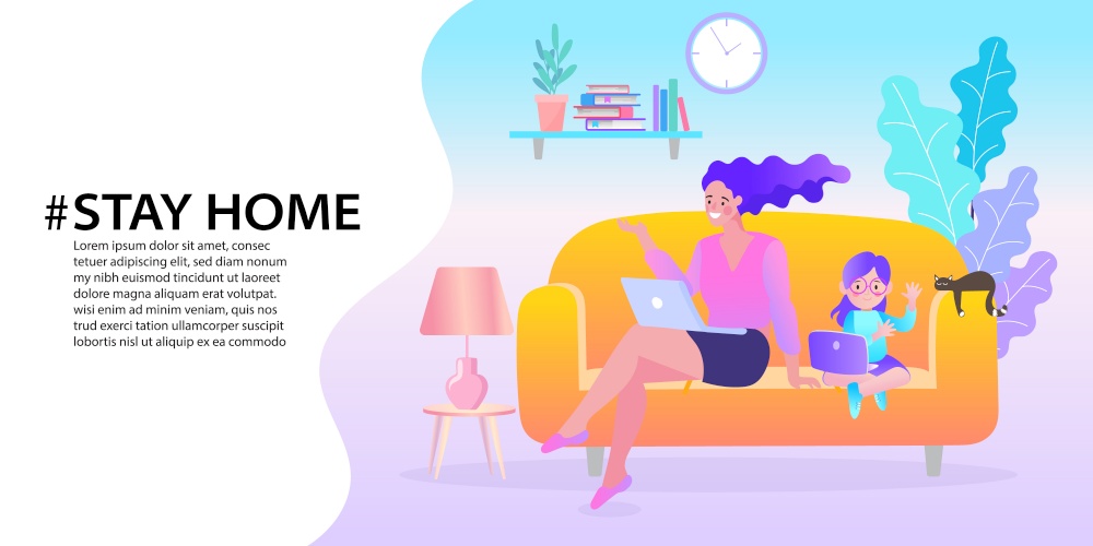 working from home, teaching and learning online, Remote work, performance of tasks sent by email or social media, Flat vector illustration, EPS10