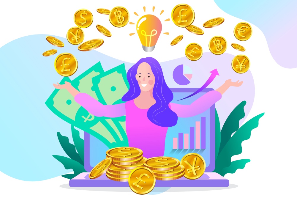 Woman using computer app for online banking and business growing. Mobile Currency Exchange Service. Flat Cartoon Vector Illustration
