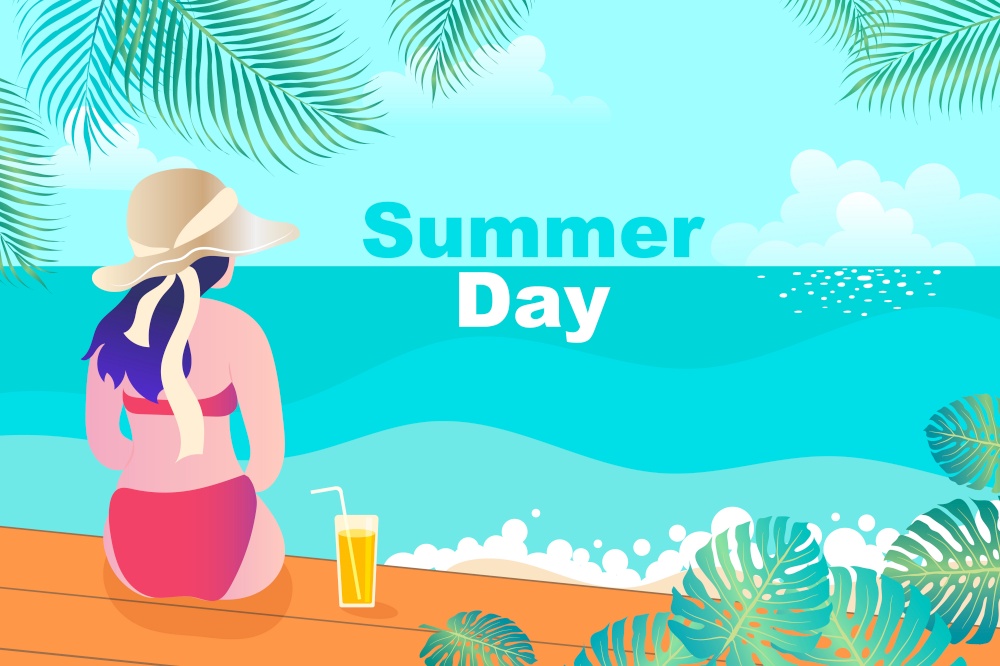 Summer girl on the beach. Staying home vacation enjoy cartoon illustration. Vacation on sea or ocean resort. Female tourist sunbathing. Summer holidays at seaside.