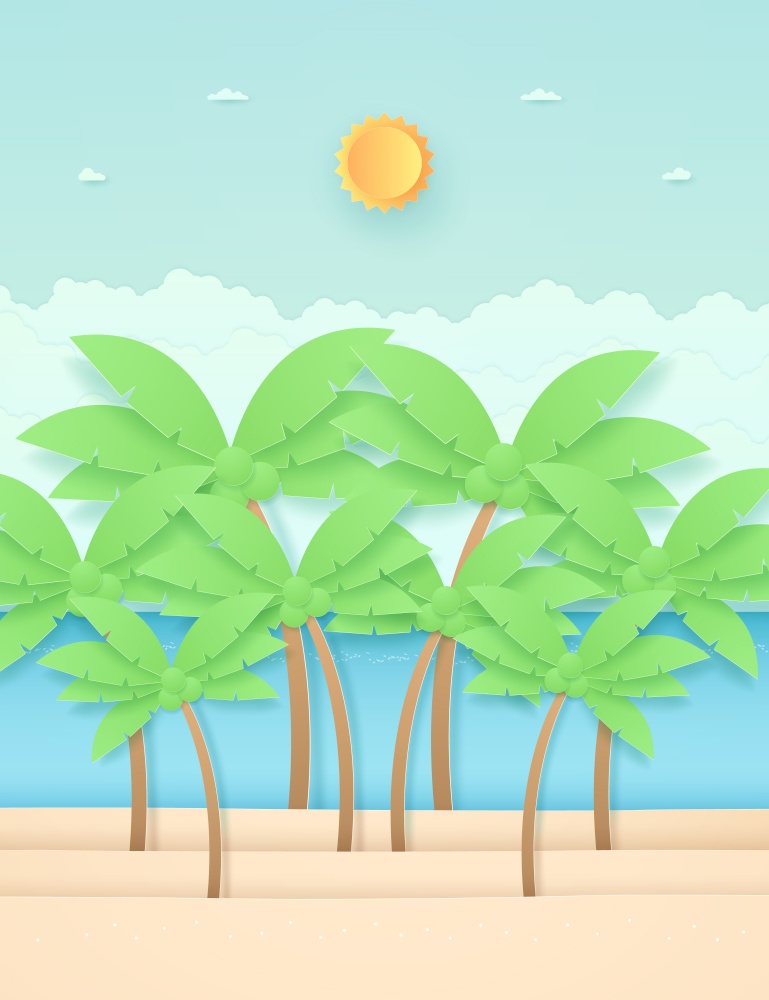 Seascape, landscape, coconut trees on the beach with sea, bright sun in the sky, paper art style