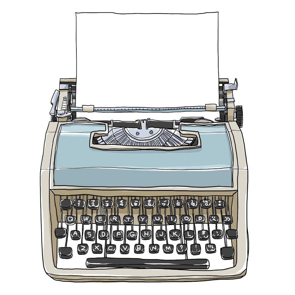 Blue and cream vintage  typewriter with paper cute art illustration