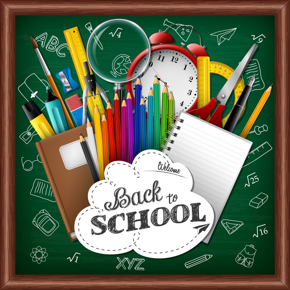 Vector illustration of School background with school supplies and paper on blue background
