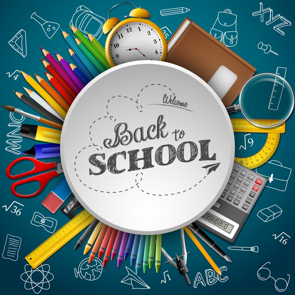 School supplies in a circle on green background.Vector illustration