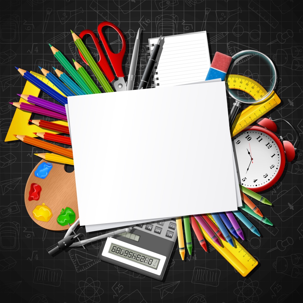 Back to school. School supplies and blank paper .Vector illustration