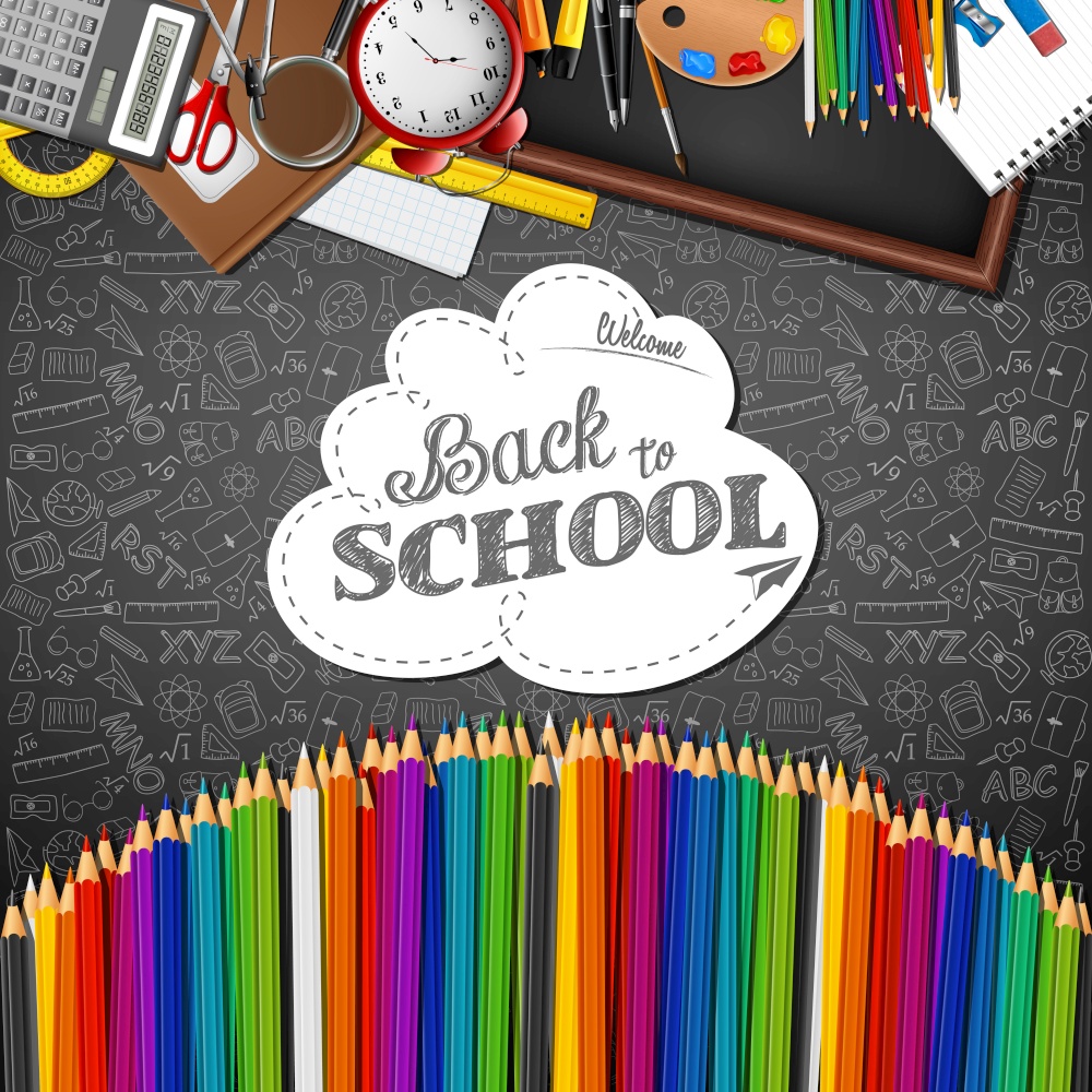 Vector illustration of Welcome back to school with colored pencils and  school supplies
