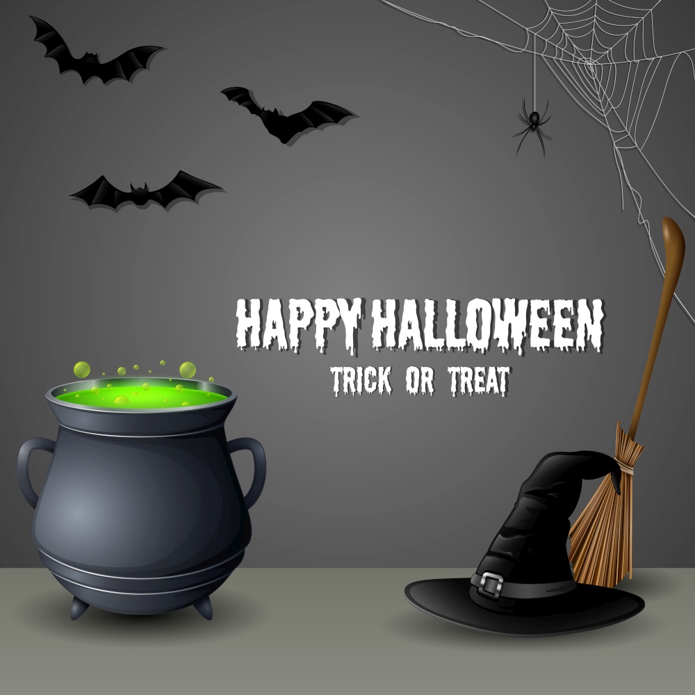 Vector illustration of Halloween icon set witch hat with cauldron and broomstick
