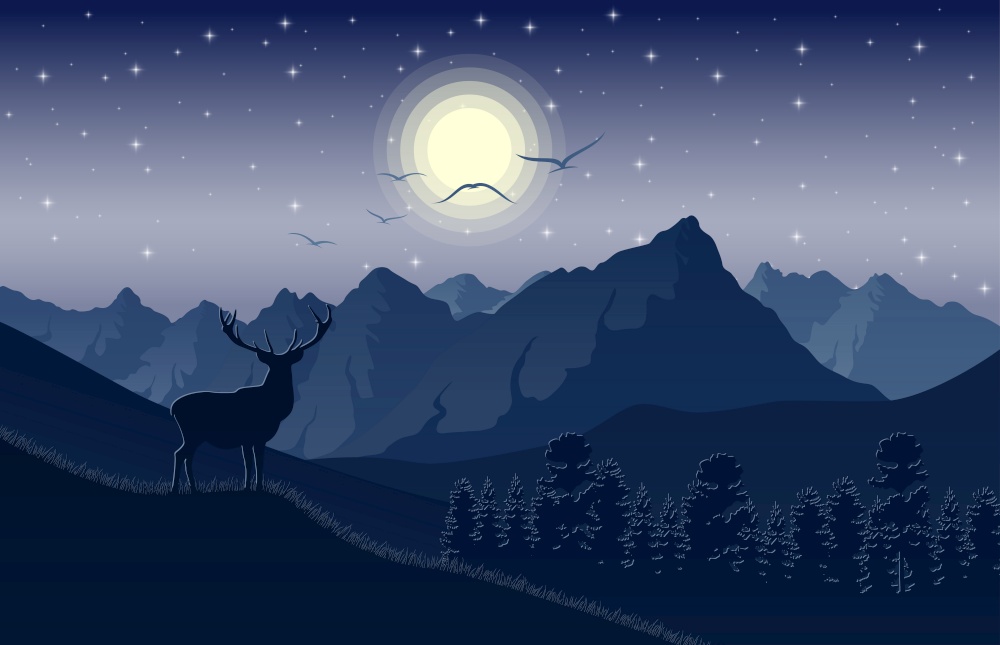 Vector illustration of Night mountains landscape with deer on the hills and stars on the sky