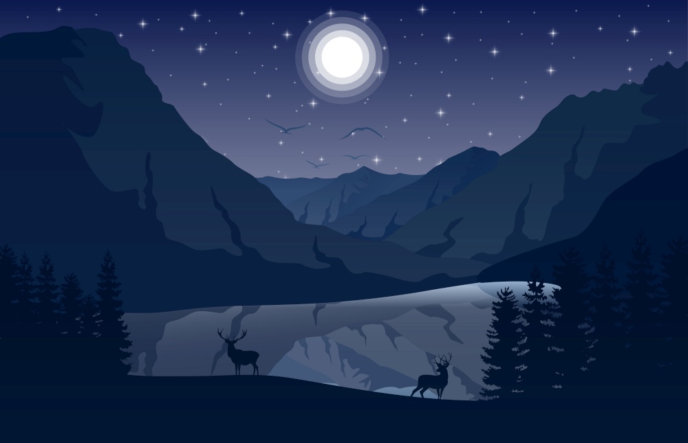 Vector illustration of Night Mountains landscape with two deer near a lake and stars on the sky