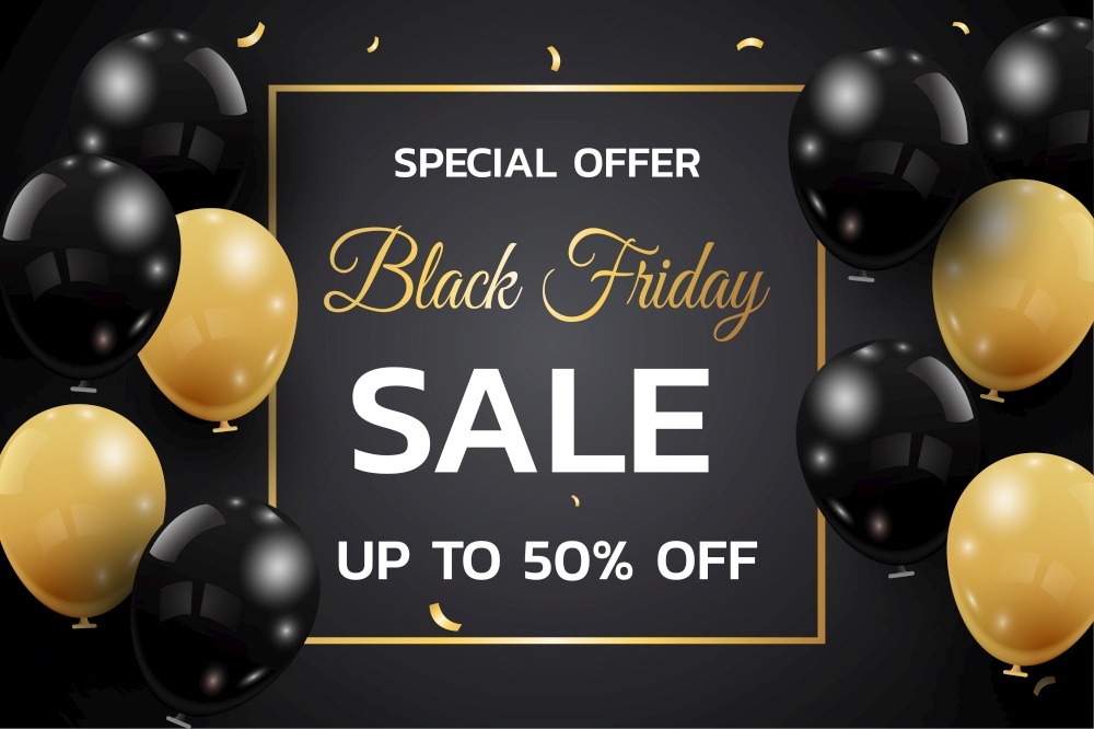 Black Friday sale banner template. Dark background with gold and black balloons for seasonal discount offer.