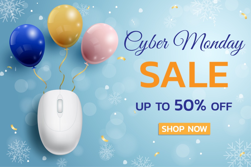 Cyber Monday Sale promotional poster with mouse and balloons background for commerce, business and advertising. Vector illustration