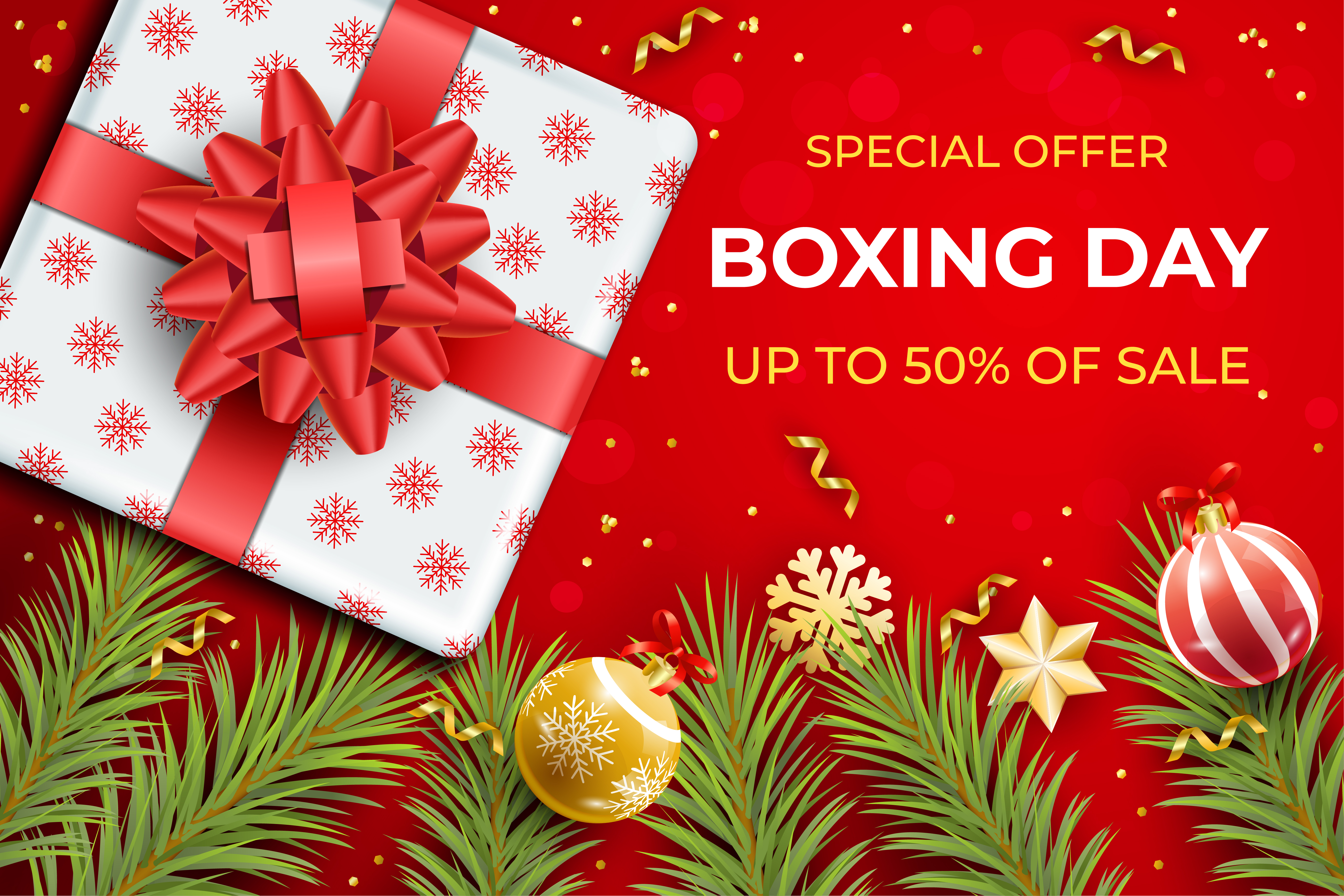 Realistic boxing day sale background,Top view on gift boxes and christmas balls