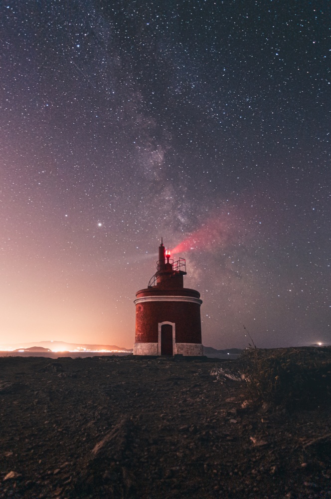 A lighthouse during the night with the milky way behind