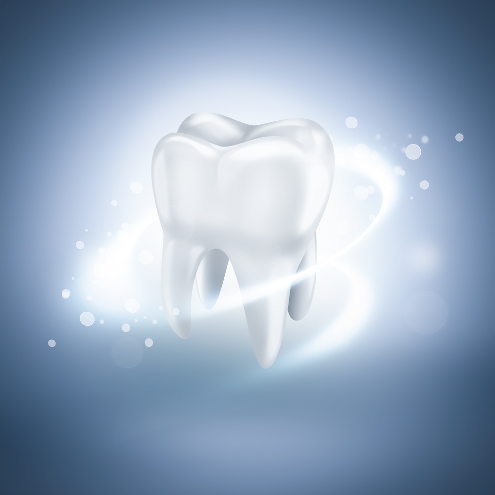 shining white tooth on light blue background