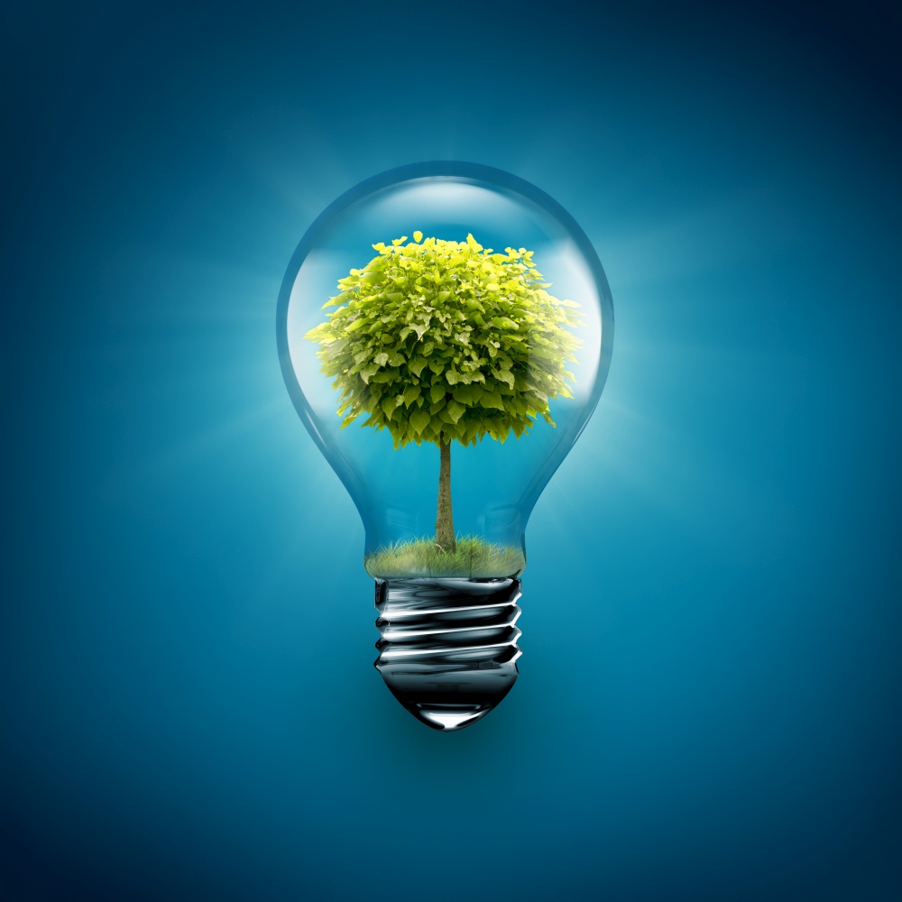 light bulb with tree inside on a blue background