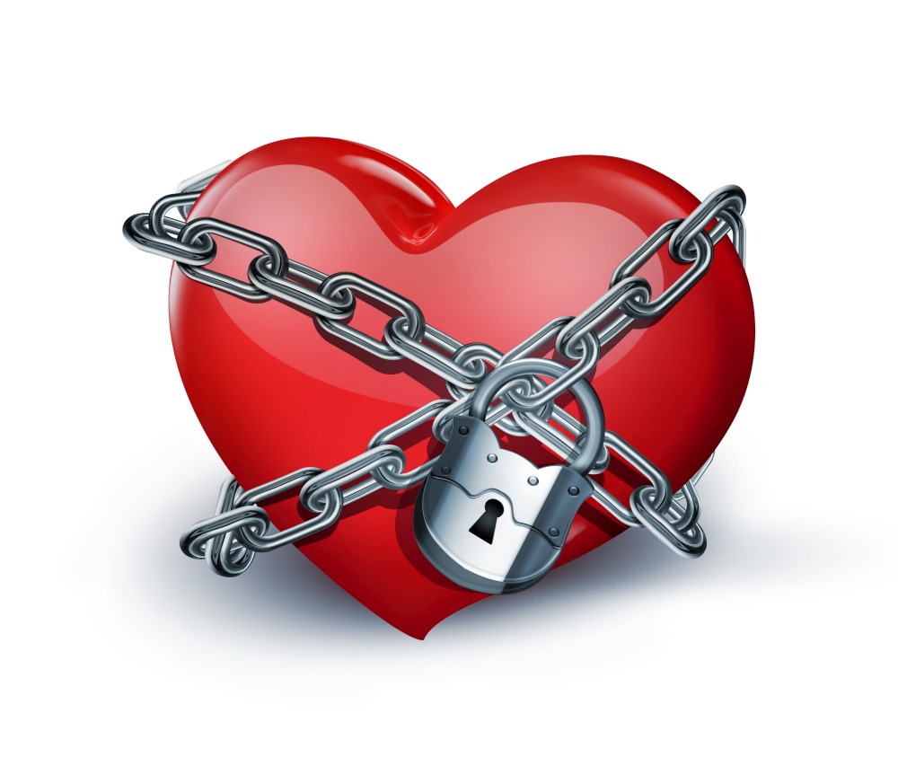 red heart in chains close-up on white background
