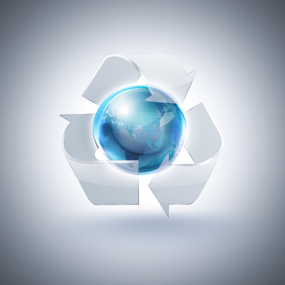 glass recycling symbol with blue world on light background