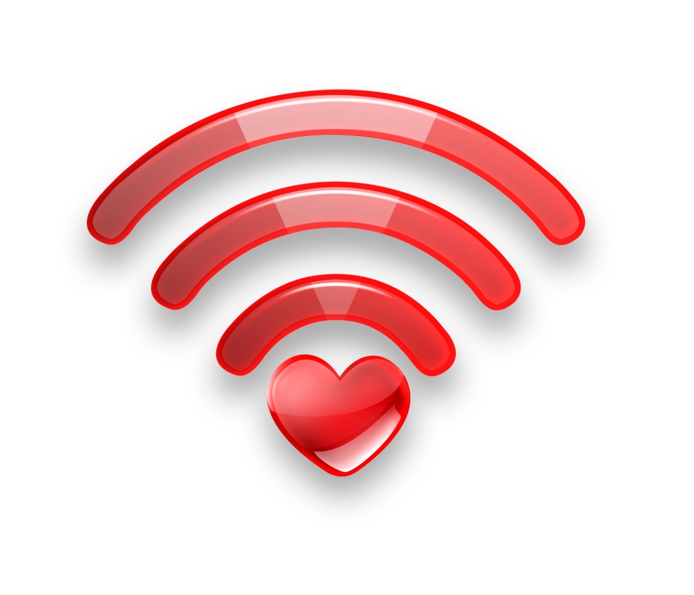 Red symbol of the free Wi fi with a heart on a white background