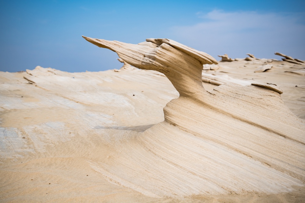 Al Wathba sand stones or Fossil Dunes in the desert of  Abu Dhabi, United Arab Emirates. Al Wathba Fossil Dunes, Abu Dhabi, UAE