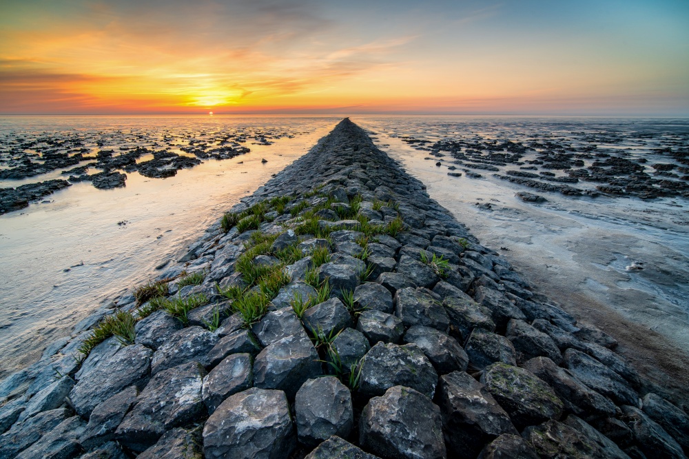 Mud flat of the &rsquo;waddenzee&rsquo; during low tide under scenic dramatic sunset sky with clouds. Wadden coast twilight with mud plains