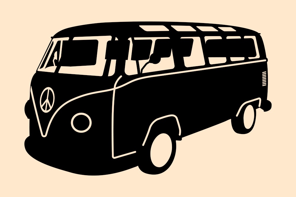 Vector pop art illustration. Minivan Hippie Silhouette. MiniVan Hippie Silhouette