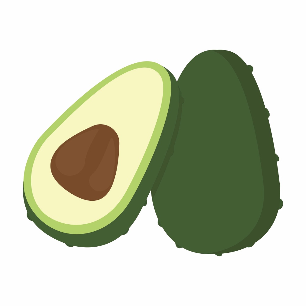 ripe avocado isolated on white, vector icon of avocado and cut avocado h. avocado pieces set