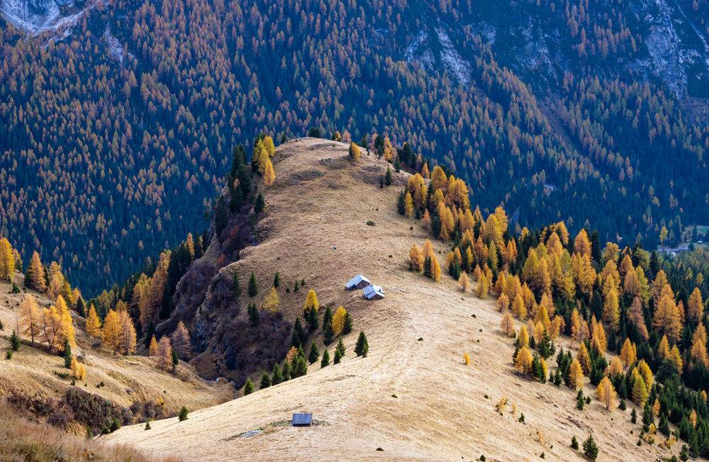 Autumn evening alpine Dolomites mountain scene from hiking path betwen Pordoi Pass and Fedaia Lake, Trentino, Italy. Picturesque traveling, seasonal, nature and countryside beauty concept scene.