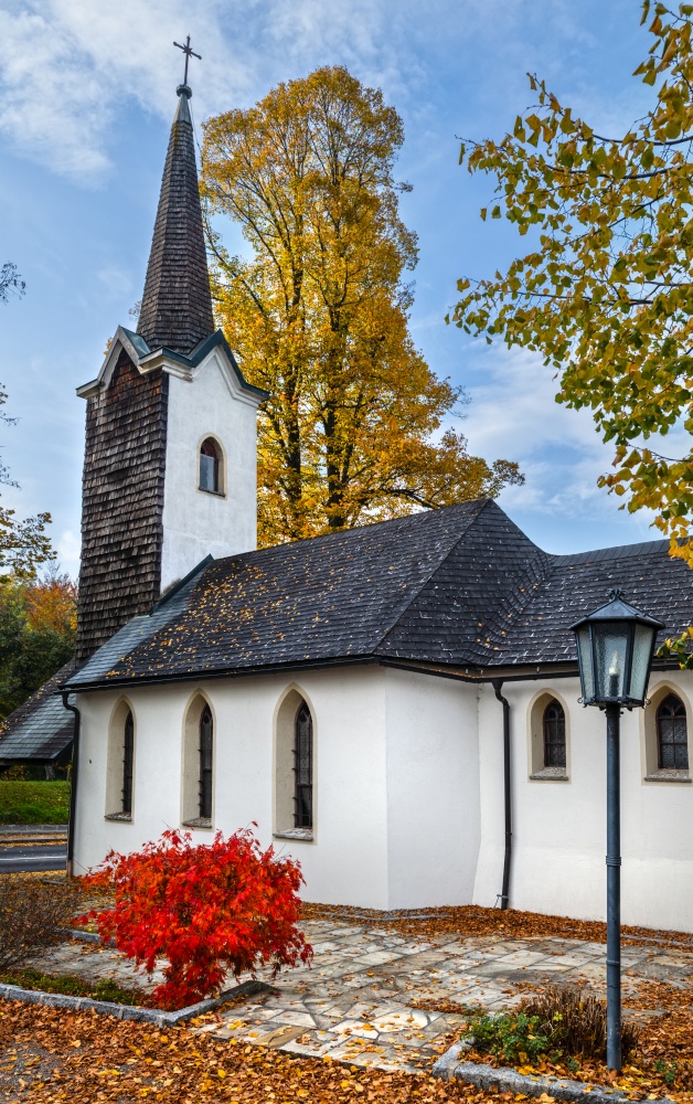Autumn Kronberg-Kapelle church colorful view (building in 1870-1885), Strass im Attergau, Upper Austria