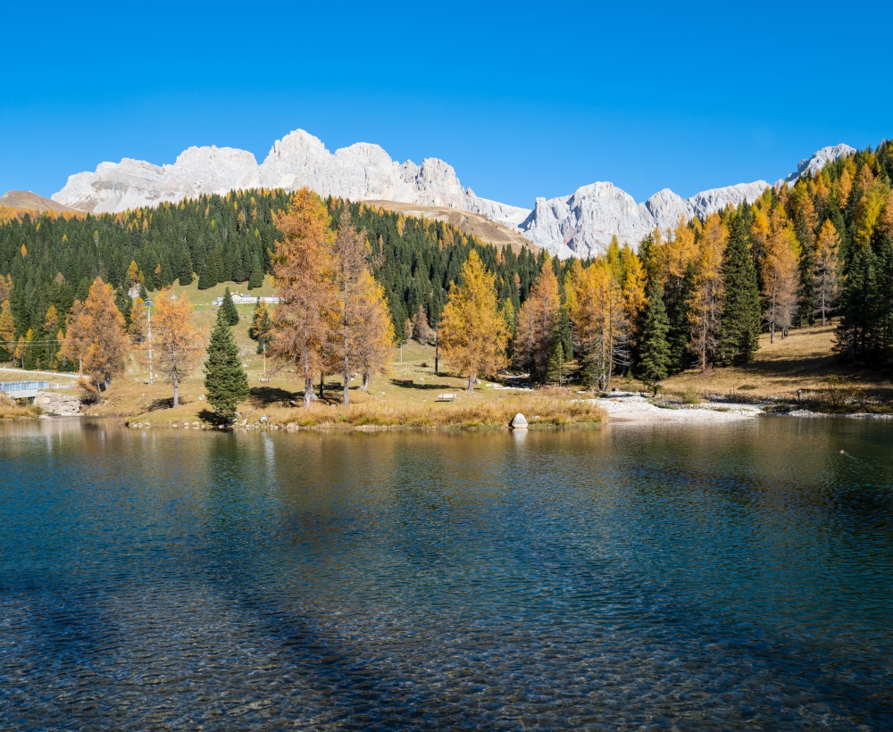 Small autumn alpine mountain pond not far from San Pellegrino Pass, Trentino, Dolomites Alps, Italy. Cima Uomo rocky massif in far. Picturesque traveling, seasonal and nature beauty concept scene.