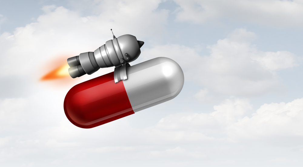 Pharmaceutical logistics and fast relief due to medicine and medication treatment as a health symbol for  prescription drug healing as a 3D illustration.