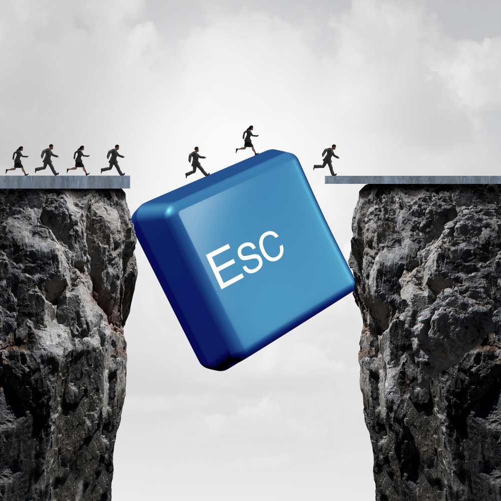 Business escape concept and corporate success idea or overcoming an obstacle as an esc computer button closing the gap with 3D illustration elements.