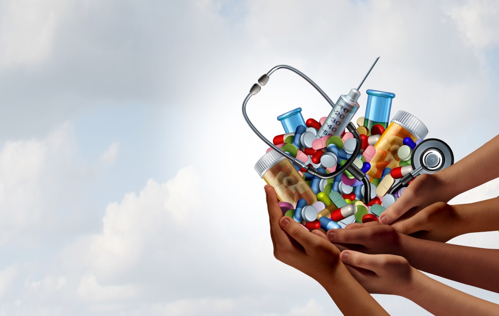 Social medicine concept and supportive medical help as a group of diverse hands holding pills and hospital equipment as a metaphor for supporting neighborhood hospitals with 3D render elements..